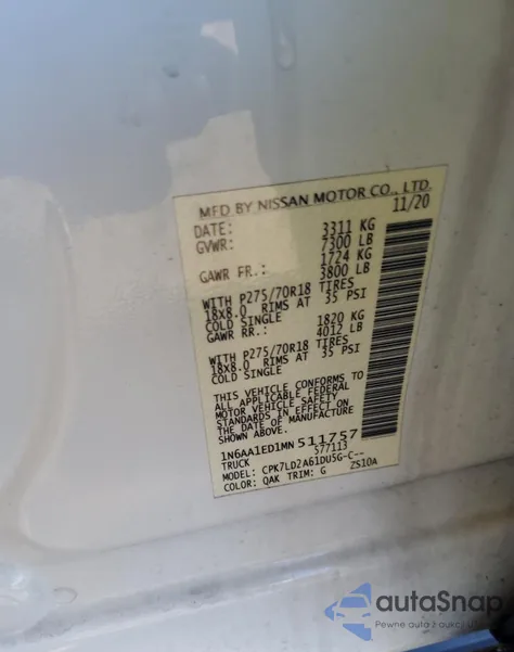 2021 Nissan Titan Sv из США, поврежденный, VIN 1N6AA1ED1MN511757